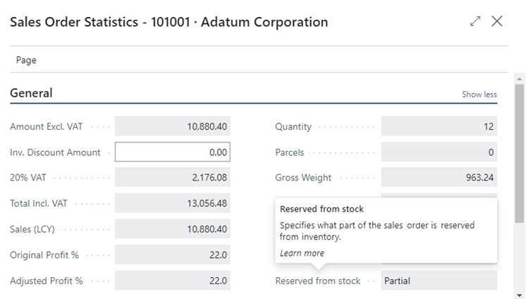 sales order statistics BC