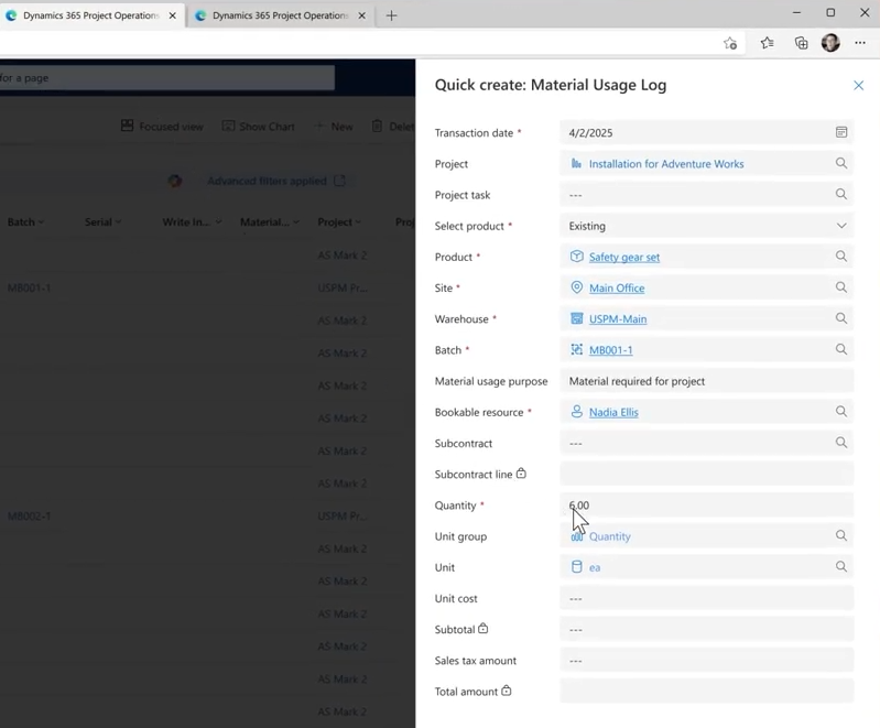 Quick create material usage log dynamics 365