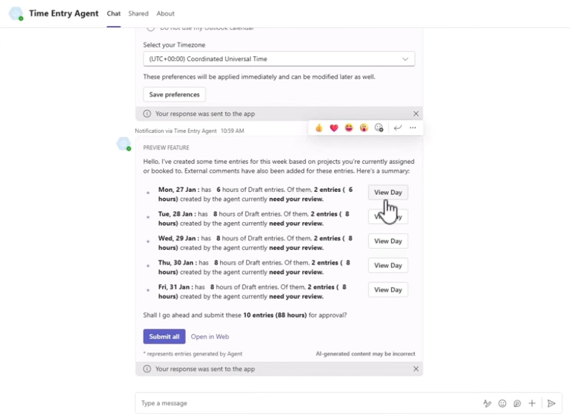 Time entry agent Dynamics 365 Screenshot