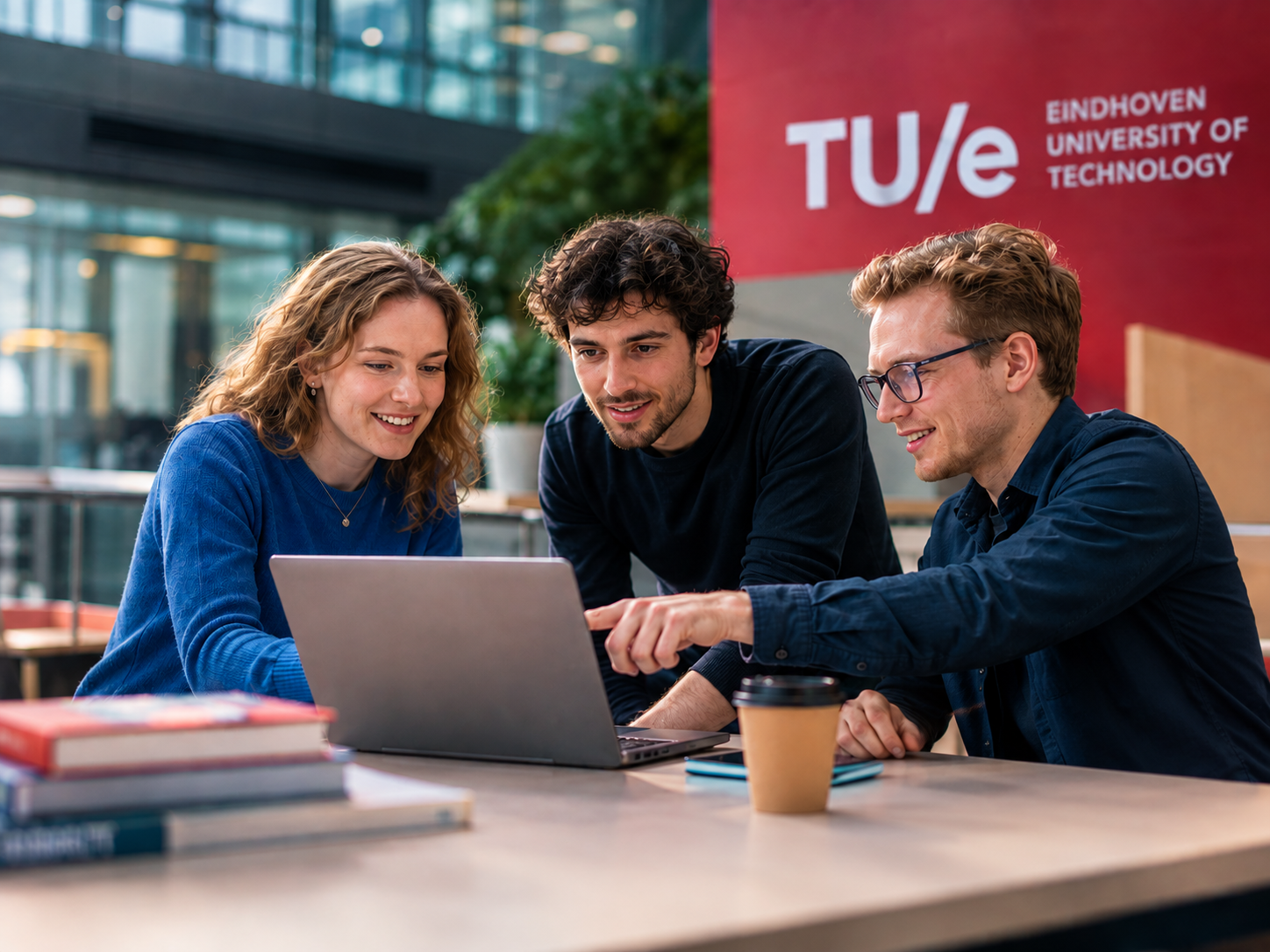 TU eindhoven Studenten rond laptop in moderne campusomgeving
