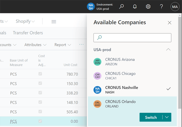 Microsoft Dynamics 365 Business Central company switcher