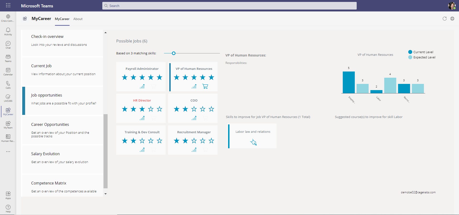 Help employees and managers find the right courses for their aspired career path. By easily scanning for which jobs match your profile and which skills you lack for the career of your choice. Ofc, again easily accessible via the My Career app in Microsoft Teams.