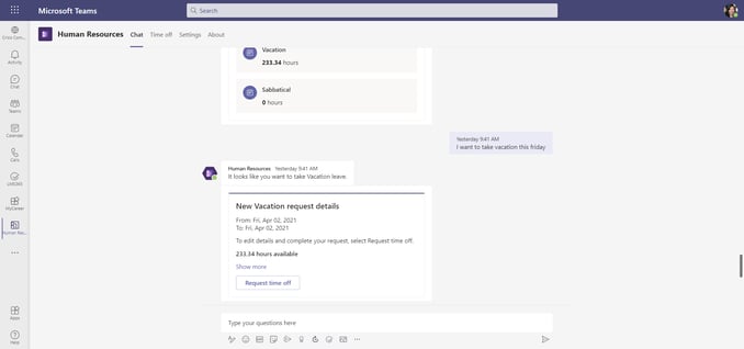 Get access to your time off information directly in teams and easily request a day of without any hussle.